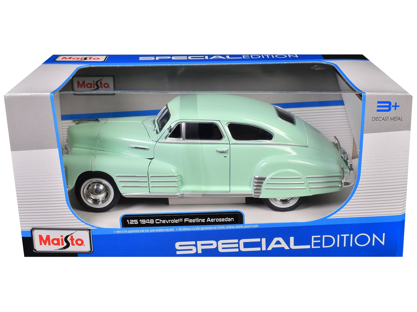 Light green 1948 Chevrolet Fleetline Aerosedan diecast model car by Maisto, detailed Series 1/25 Chevrolet model.