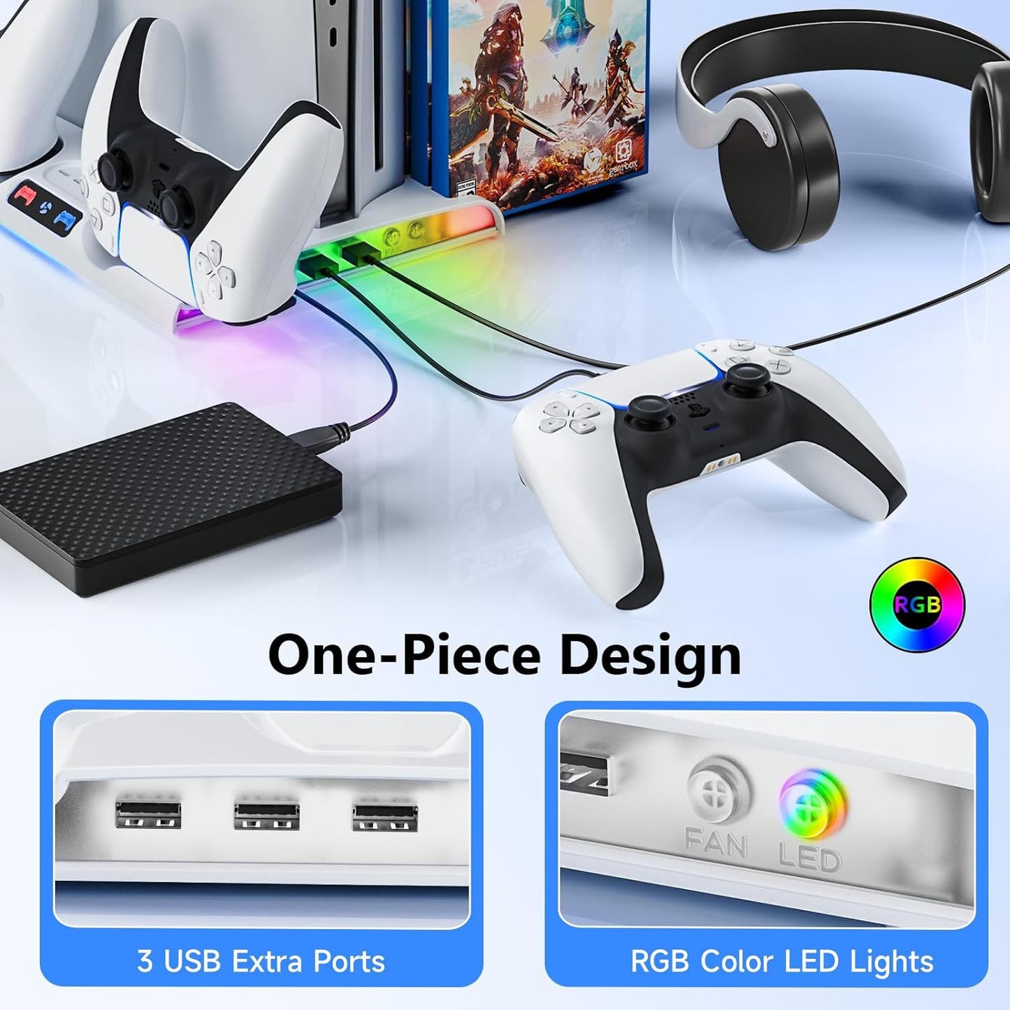 American Smart PS5 Slim dedicated charging dock with cooling fan, disc storage rack, and thin design for PlayStation 5 Slim console.