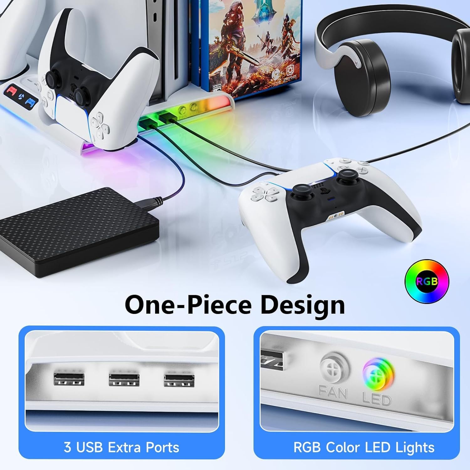 American Smart PS5 Slim dedicated charging dock with cooling fan, disc storage rack, and thin design for PlayStation 5 Slim console.