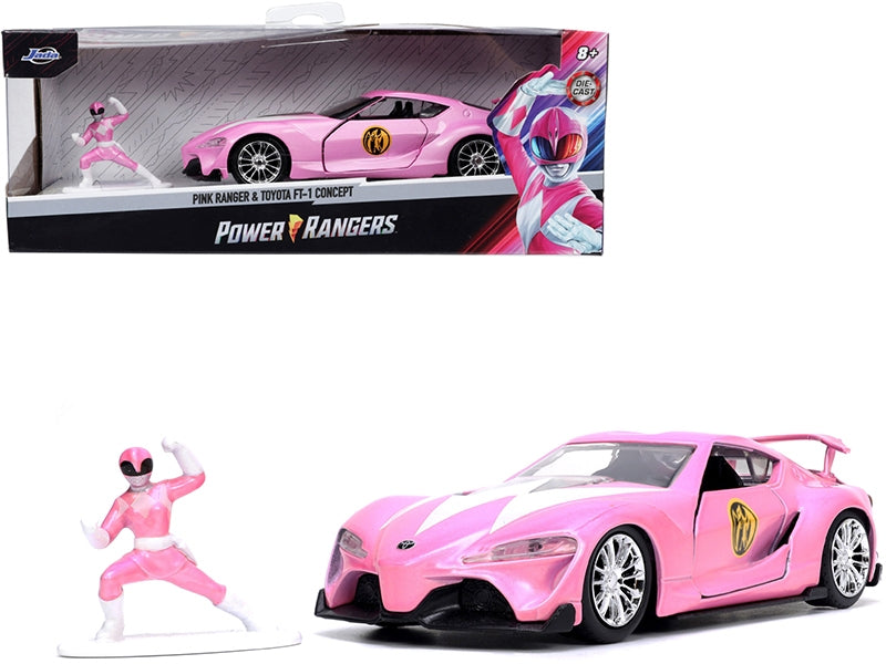 Pink metallic Toyota FT-1 Concept diecast model car by Jada, part of Power Rangers Hollywood Rides series, 1/32 scale.