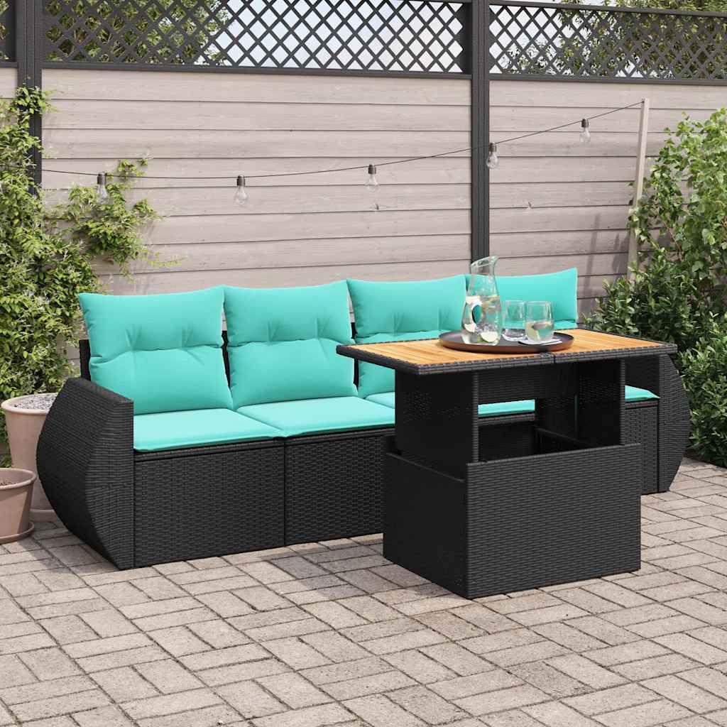 5 Piece Patio Sofa Set with Cushions Black Poly Rattan