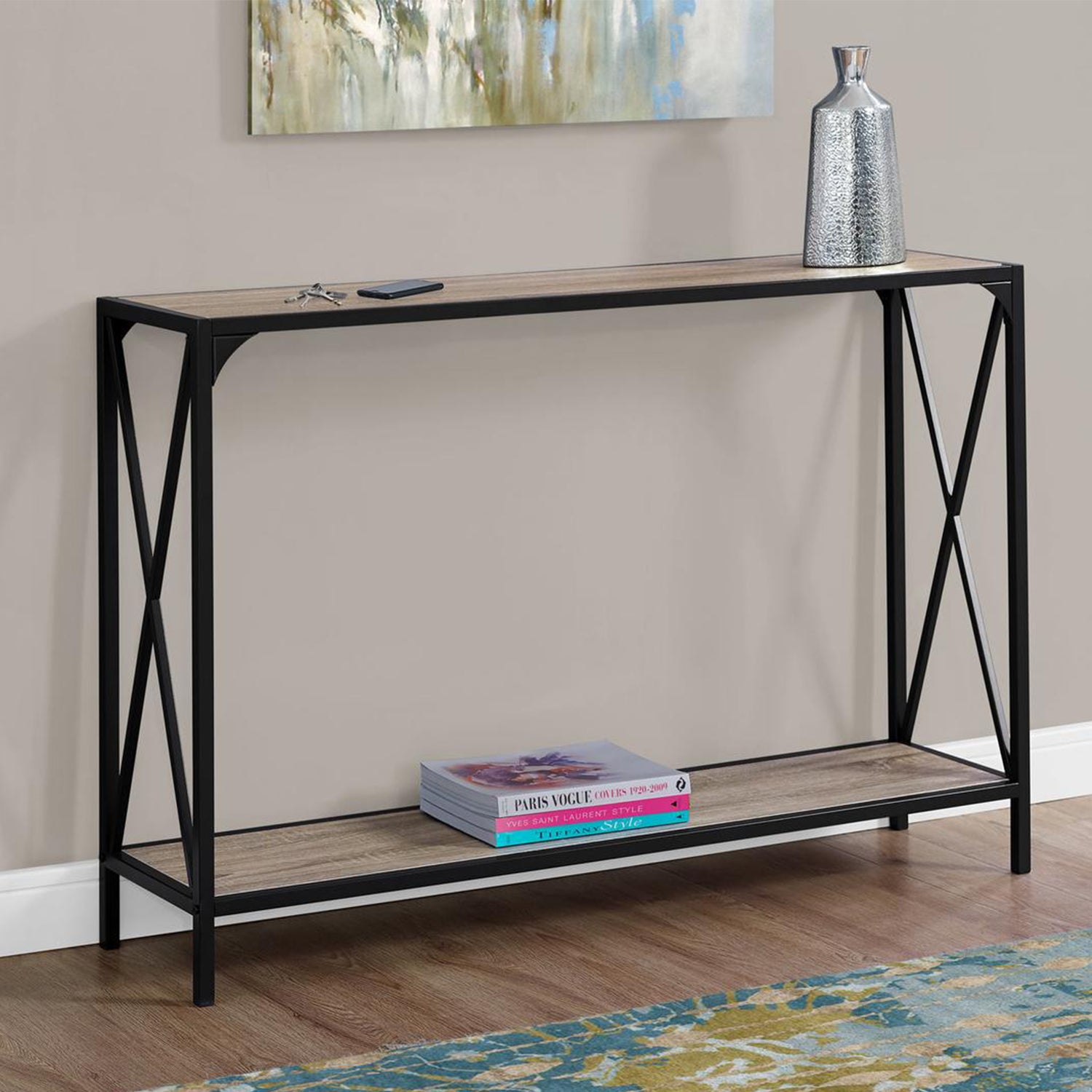 48" Taupe and Black Console Table With Shelves-3