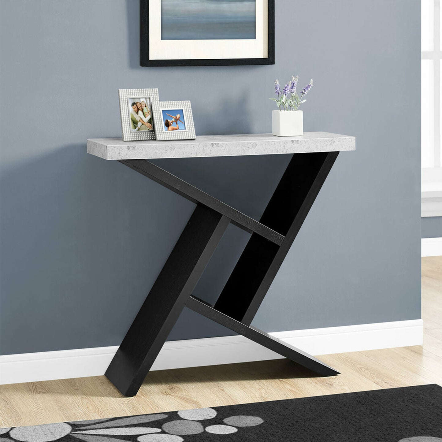 36" Gray and Black Abstract Console Table With Shelves-3