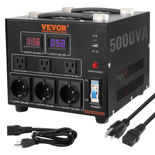 Voltage Converter Transformer, 5000W, Heavy Duty Step Up/Down Transformer, Convert from 110 Volt to 220 Volt and  from 220 Volt to 110 Volt, with US Outlet EU Outlet 5V USB Port, CE Certified