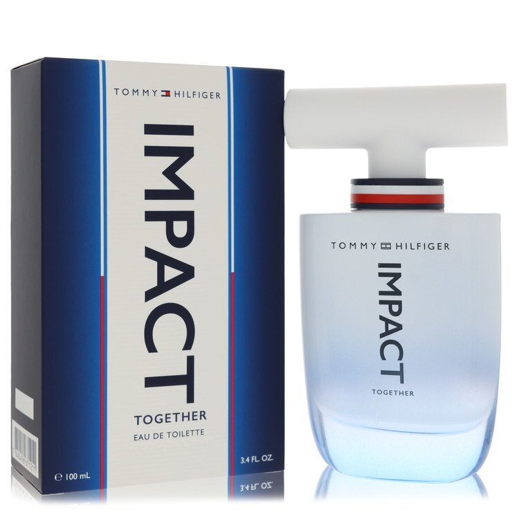 Tommy Hilfiger Impact Together men's Eau De Toilette spray bottle, 3.4 oz, featuring the Tommy Hilfiger branding and product packaging