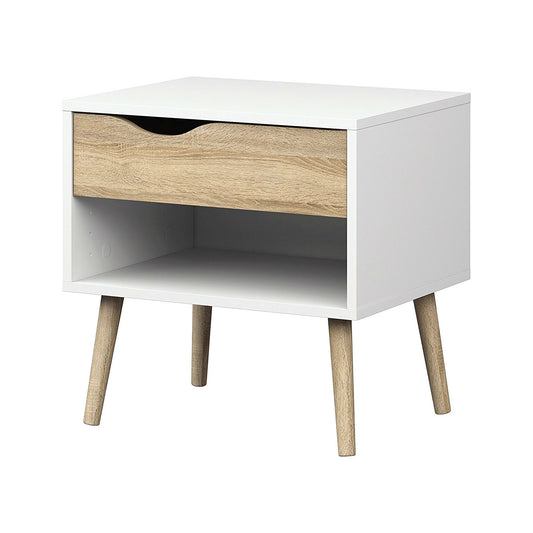Modern mid-century style white and oak nightstand with clean lines and sleek design, ideal as a stylish end table or bedroom accent.