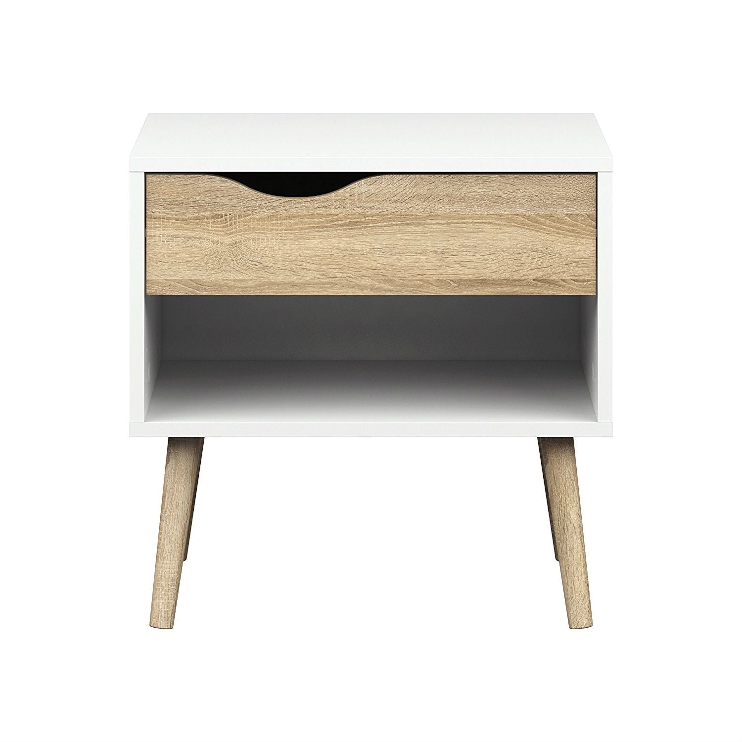 Modern mid-century style white and oak nightstand with clean lines and compact design, perfect for bedside or living room decor.