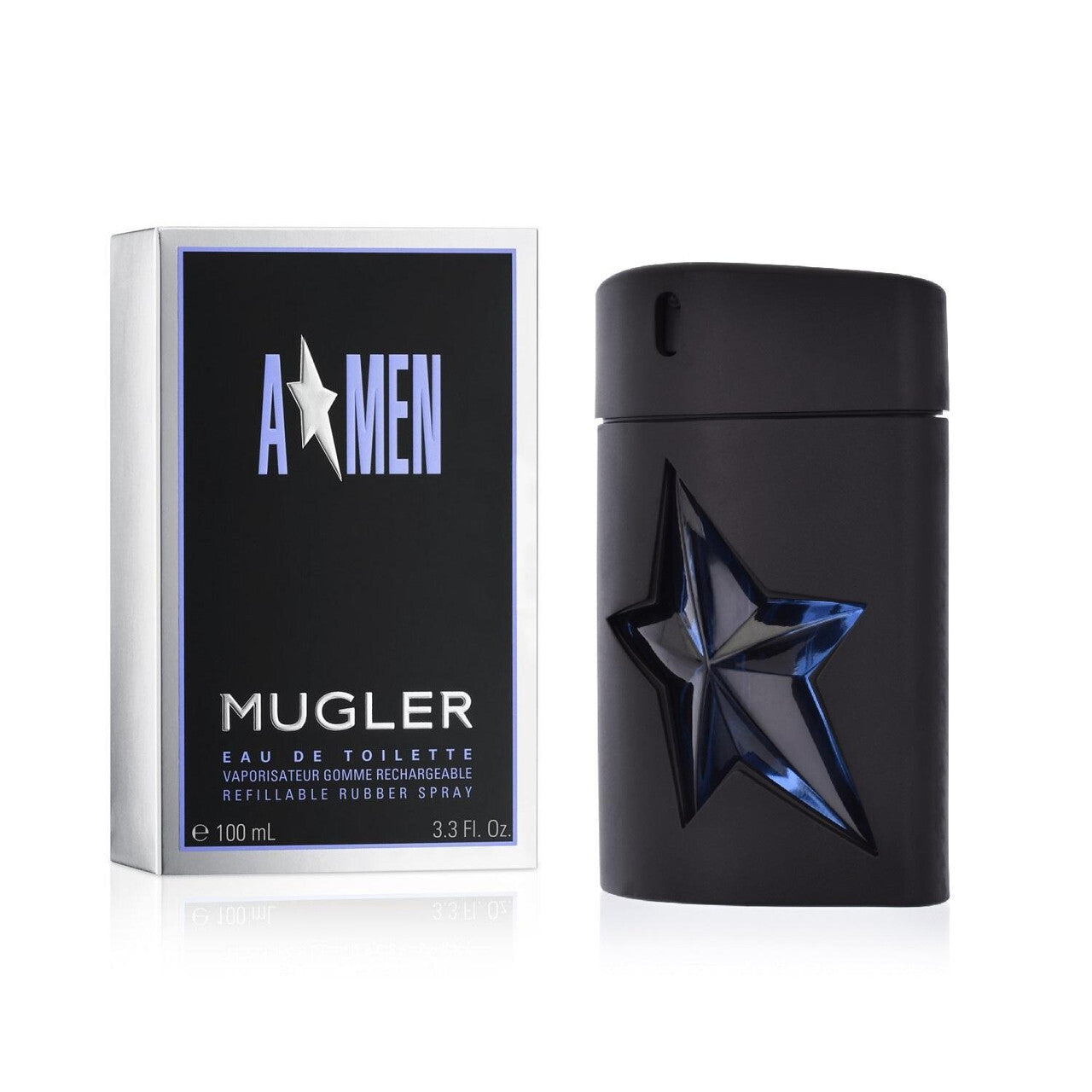 American Smart Angel A-Men 3.4 Eau de Toilette spray for men in a refillable rubber bottle, featuring sleek design and branding.
