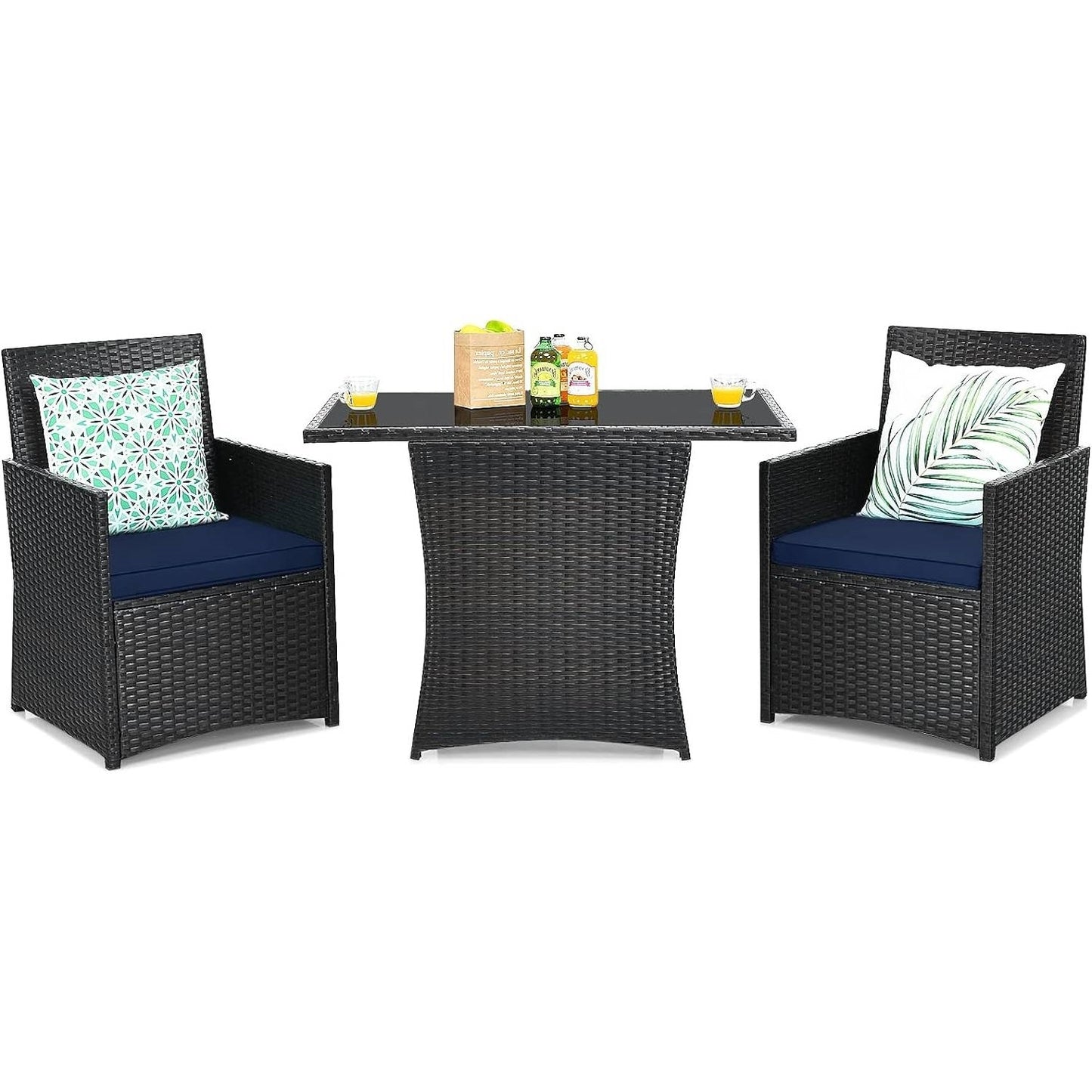 3-piece outdoor patio furniture set with brown PE rattan frames and navy blue cushions, ideal for outdoor dining spaces.