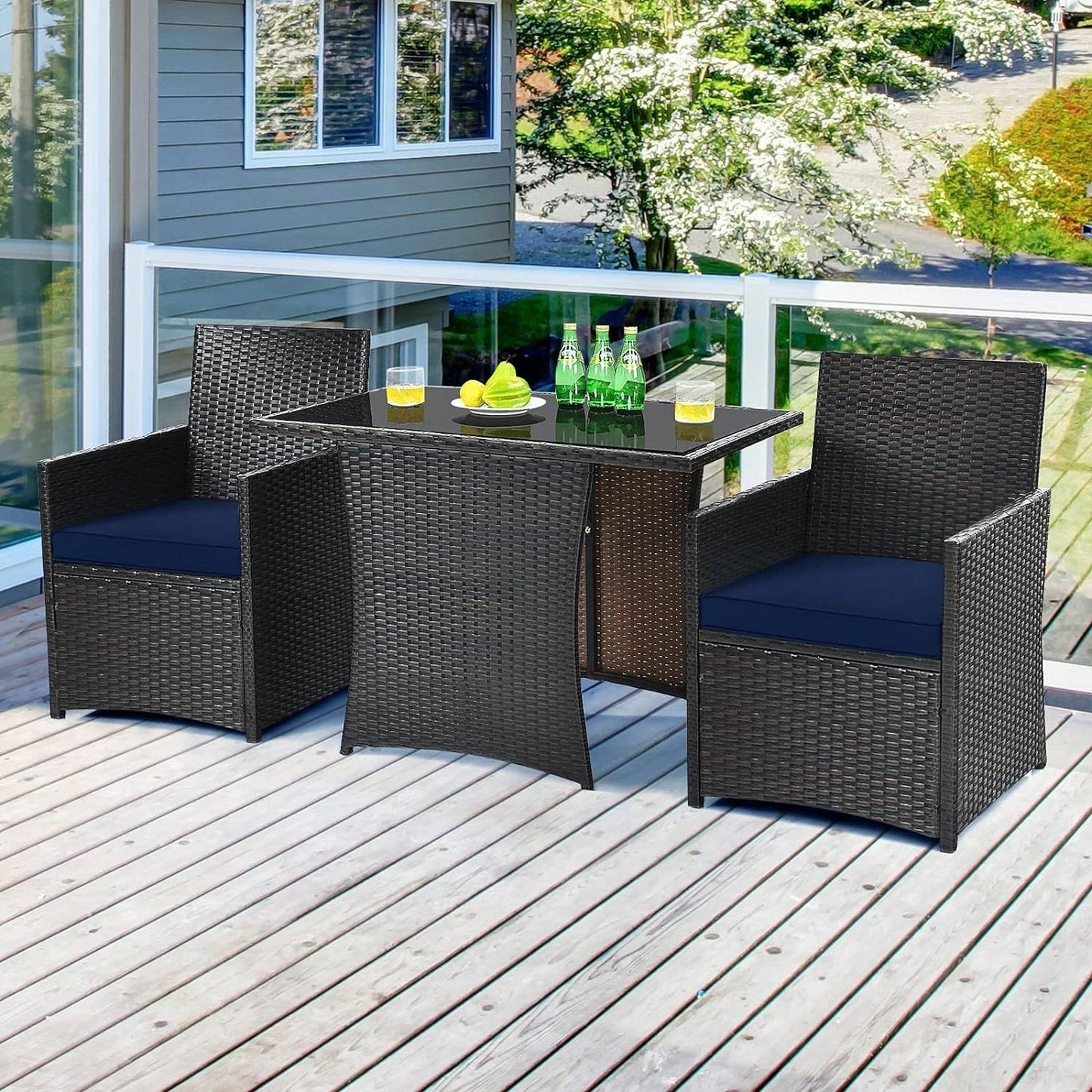 3-piece outdoor patio furniture set by American Smart with brown PE rattan frame and navy blue cushions, ideal for outdoor dining.