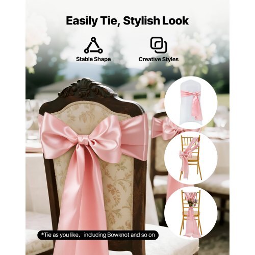 Satin Chair Sashes Bows, 50PCS Chair Ribbon Ties Back Sash, 7 x 108 inch, Rose Gold Wedding Reception Decoration, for Wedding Ceremony Baby Shower Party Events Banquet Chair Cover Decoration