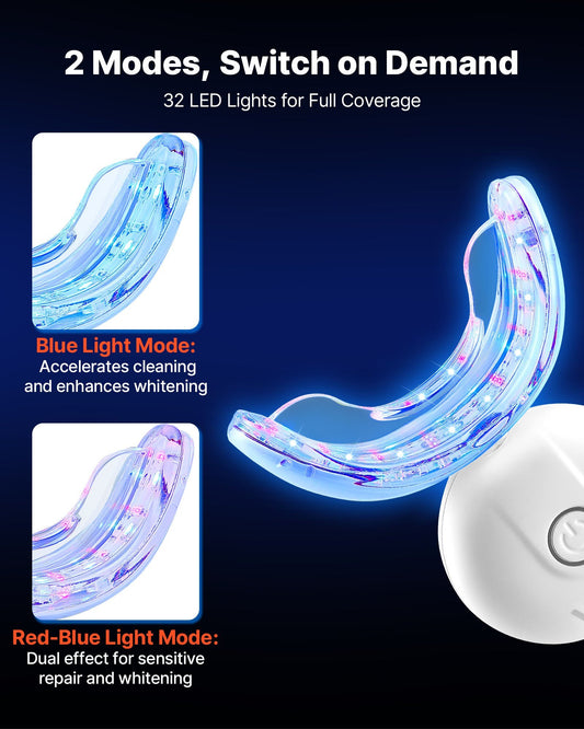 Teeth Whitening Kit with LED Light, 32 LED Accelerator Lights, Whitening Strips, Pens and Gel Syringes, U-Shaped Tray, Wireless Portable Kit Fast and Effectively Removes Stubborn Stains