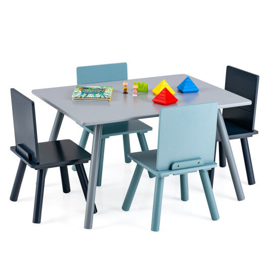 Blue kids wooden activity play furniture set with building blocks, including a table and chairs for toddlers, by American Smart WB