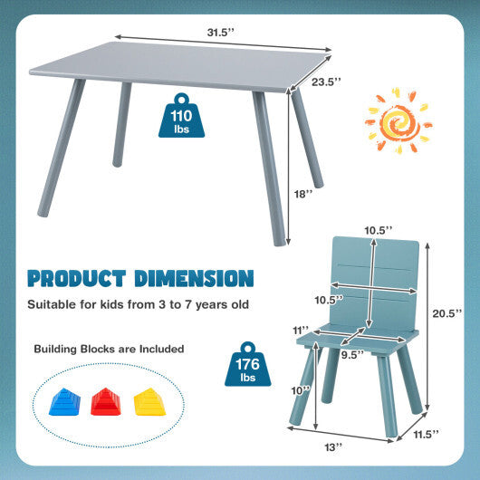 Blue 5-piece kids wooden activity furniture set with table, chairs, and building blocks from American Smart for toddlers.