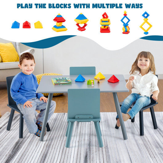 Blue kids wooden activity play furniture set with building blocks, includes table and chairs for toddlers by American Smart.
