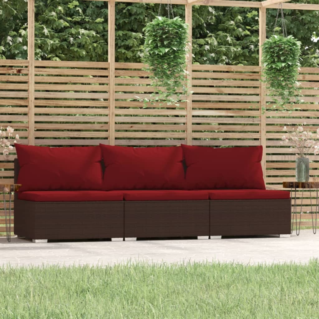 Brown poly rattan 3-seat patio sofa with cushions from American Smart WB outdoor furniture set, stylish and comfortable for outdoor spaces.