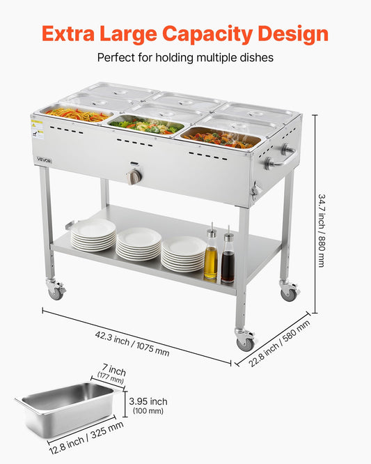 9-Pan Commercial Propane Steam Table, LP Gas Outdoor Soup Warmer with Drain Valve and 3" Wheels, Stainless Steel Propane Food Warmer with Adjustable Temperature, for Restaurant Outdoor Camping