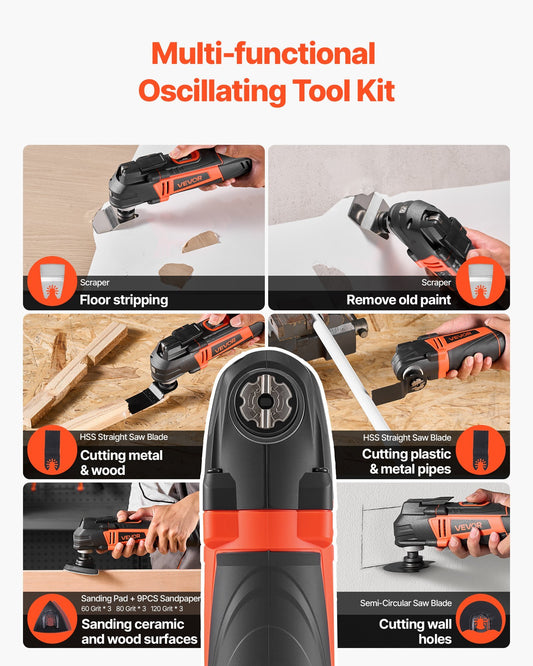 Multitool Oscillating Tool, 4Amps Electric Oscillating Multi Tool Corded with 6 Variable Speeds 7000 - 19000 OPM, 3.2? Oscillating Angle, 13PCS Saw Accessories, LED Work Light & Tool Bag