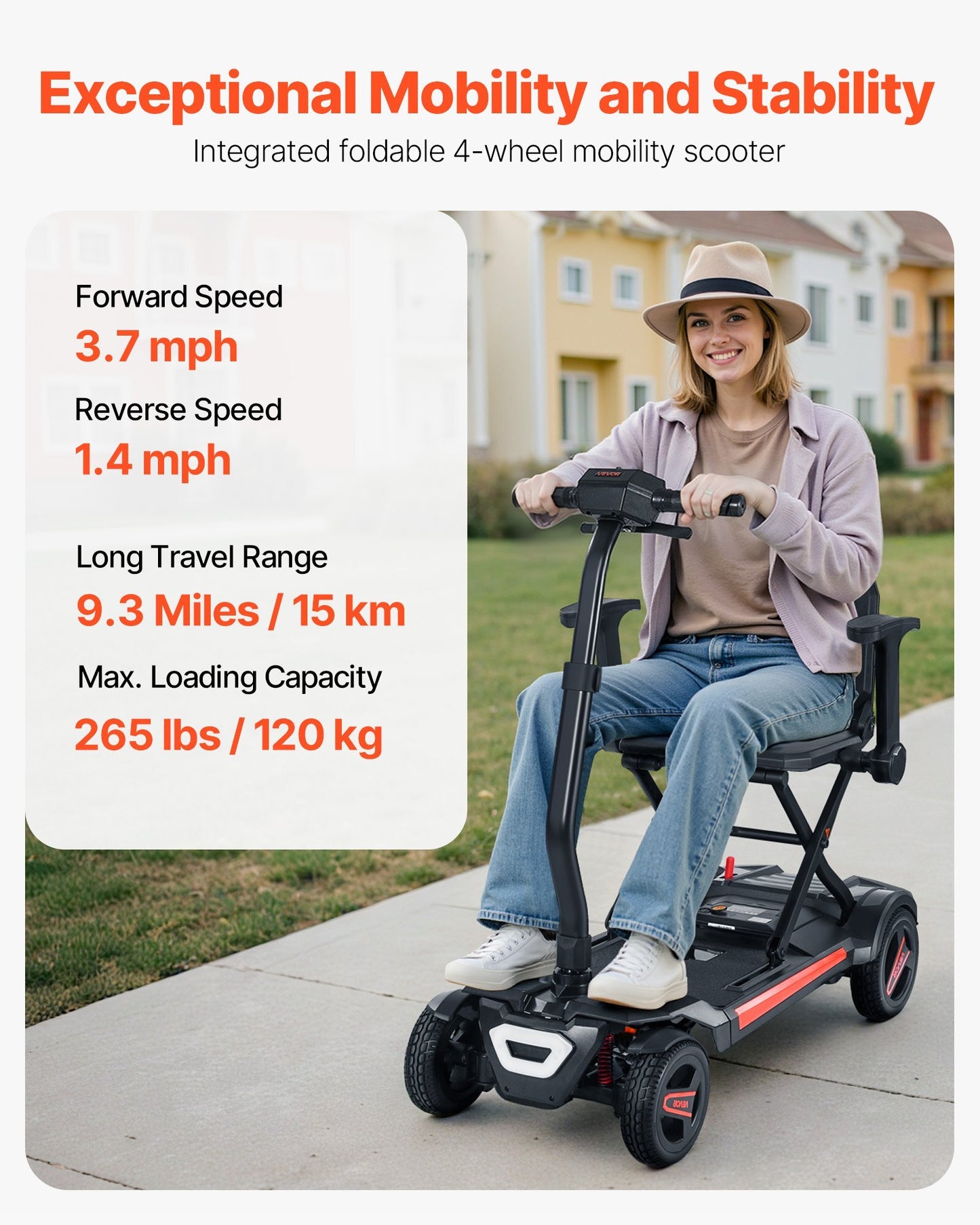 American Smart 4-wheel electric mobility scooter for adults with foldable design, all-terrain wheels, 9.3-mile range, and 265-pound capacity