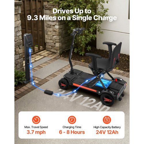 American Smart 4-wheel electric mobility scooter for adults with foldable design, all-terrain wheels, 9.3-mile range, and 265 lbs capacity.