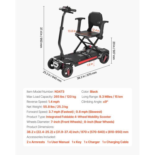 American Smart 4-wheel electric mobility scooter for adults with foldable design, all-terrain wheels, 9.3 miles range, and 265 lbs capacity.