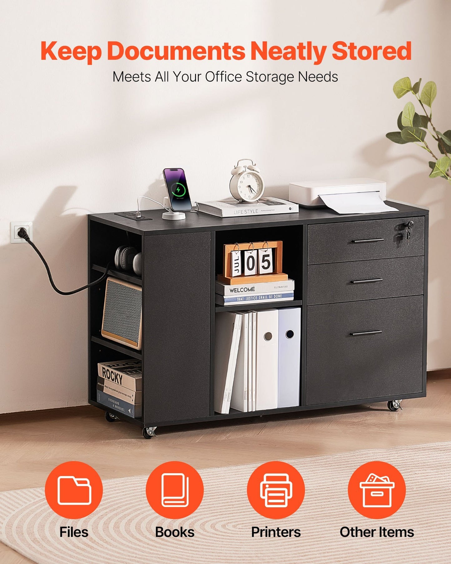 Black wooden 3-drawer file cabinet with lock, wheels, power strip, adjustable shelves, and floor-standing design for home or office use.