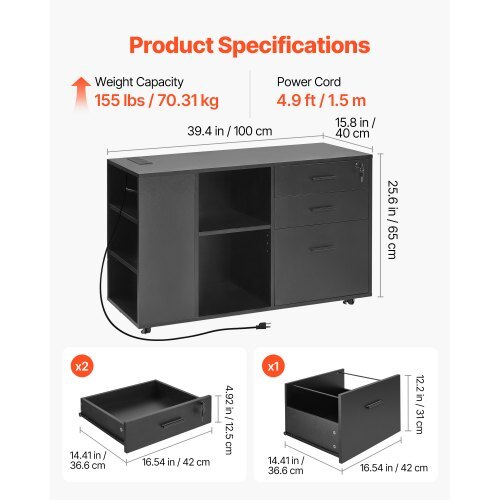 Black 3-drawer wooden file cabinet with lock, wheels, adjustable shelves, and built-in power strip for home or office storage.