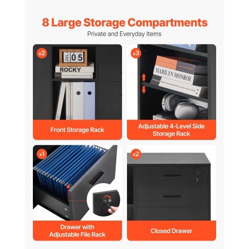 Black 3-drawer wooden file cabinet with wheels, lock, power strip, adjustable shelves, and mobile design for home office storage.