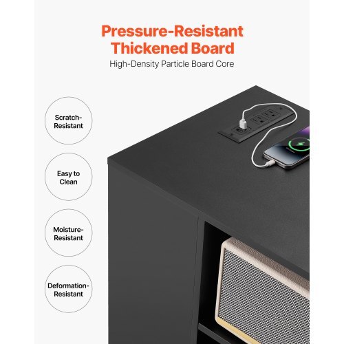 Black wooden 3-drawer mobile file cabinet with lock, power strip, adjustable shelves, five wheels, ideal for home office or school.