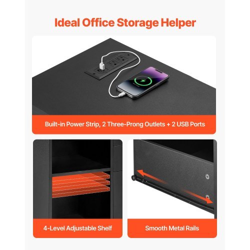 Black wooden 3-drawer file cabinet with lock, wheels, power strip, and adjustable shelves, ideal for home office or school storage.