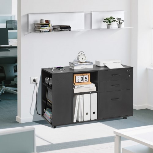 Black 3-drawer wooden file cabinet with wheels, lock, power strip, adjustable shelves, suitable for home office or school use.