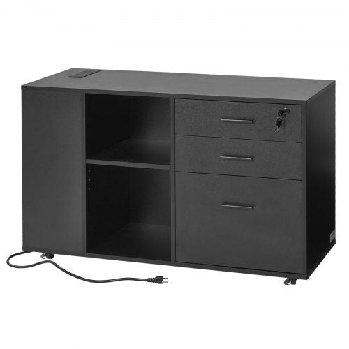 Black 3-drawer wooden file cabinet with lock, wheels, power strip, and adjustable shelves for home office or school storage.