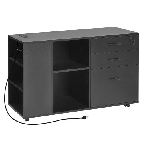 Black wooden 3-drawer mobile file cabinet with lock, power strip, adjustable shelves, 5 wheels, designed for home office or school.