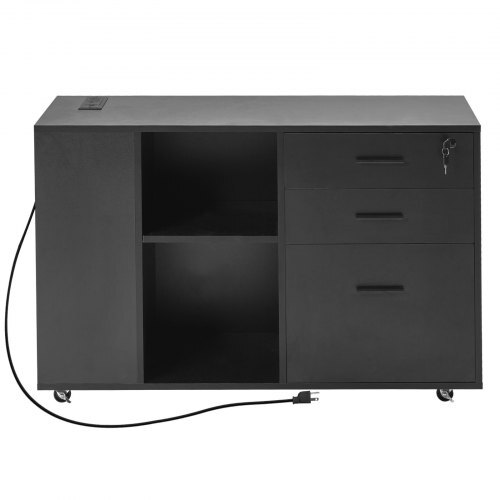 Black wooden 3-drawer file cabinet with wheels, lockable storage, adjustable shelves, and built-in power strip for home or office use.