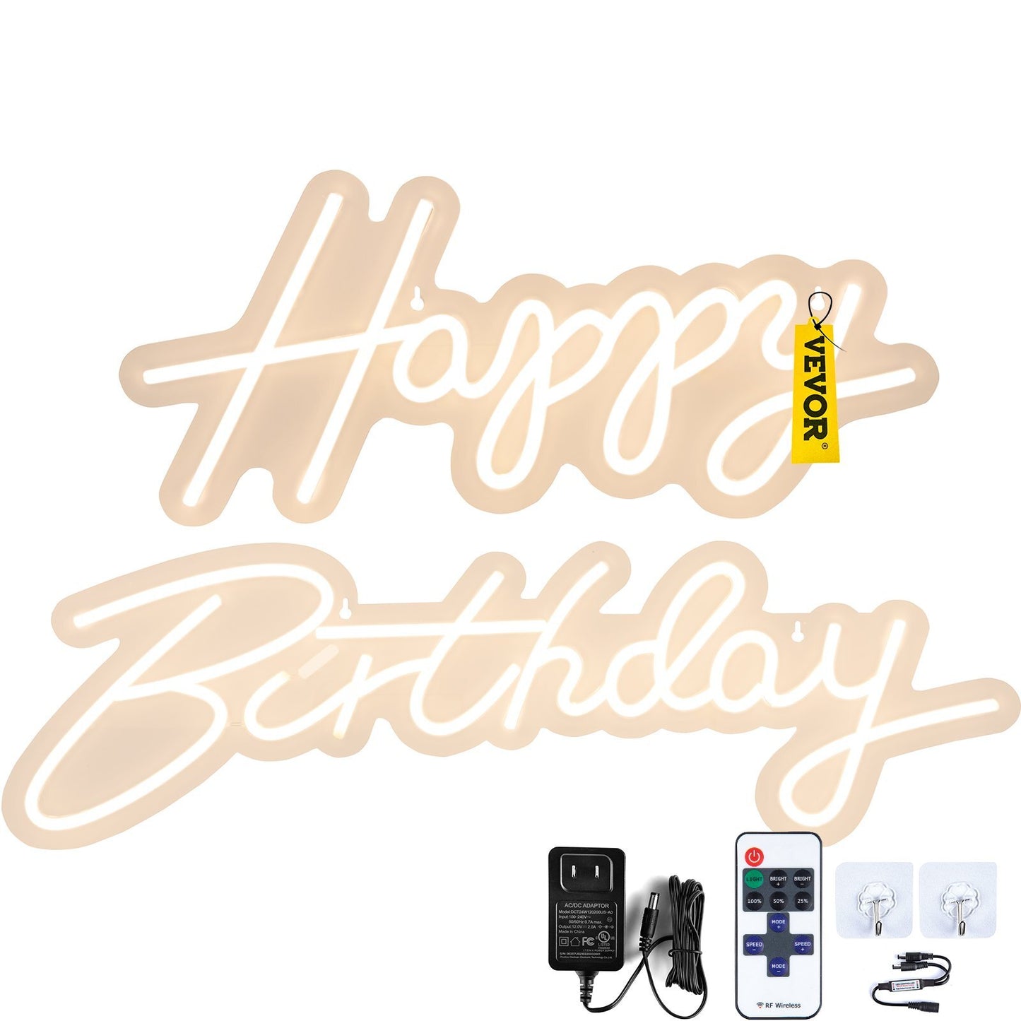 Happy Birthday Neon Sign, 16.5" x 8" + 23" x 8" LED Neon Lights Signs, Adjustable Brightness with Remote Control and Power Adapter, Reusable for Party, Club, Celebration and Decoration Warm