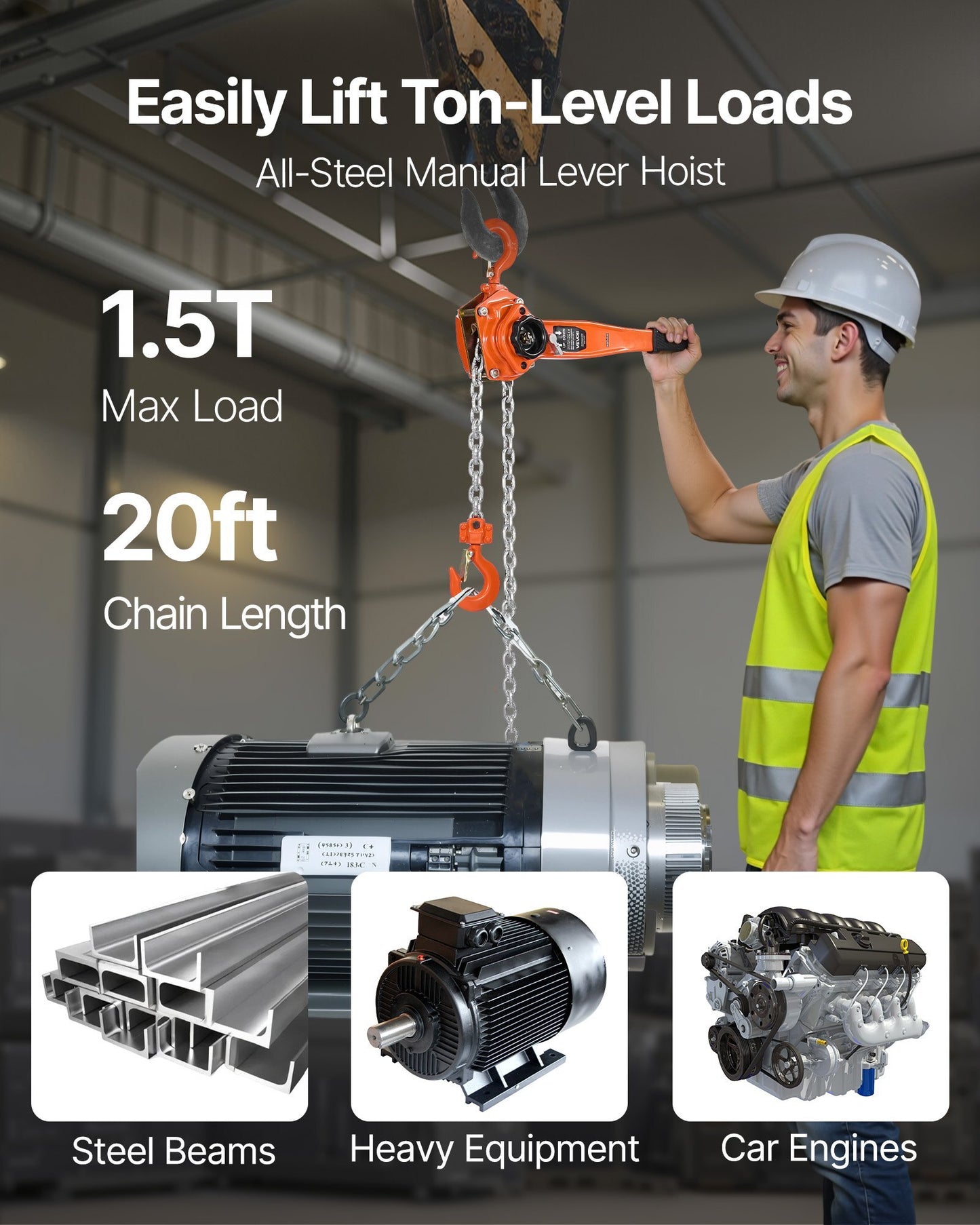 Manual Lever Chain Hoist, 1-1/2T 3300LBS Capacity Heavy Duty Come Along, 20FT Lift G80 Alloy Steel Chain With Dual Pawl Mechanical Brake,360?Rotating Hooks, for Warehouse Construction Garage