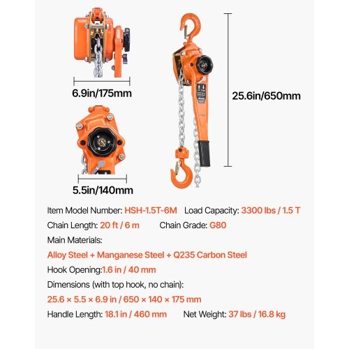 Manual Lever Chain Hoist, 1-1/2T 3300LBS Capacity Heavy Duty Come Along, 20FT Lift G80 Alloy Steel Chain With Dual Pawl Mechanical Brake,360?Rotating Hooks, for Warehouse Construction Garage