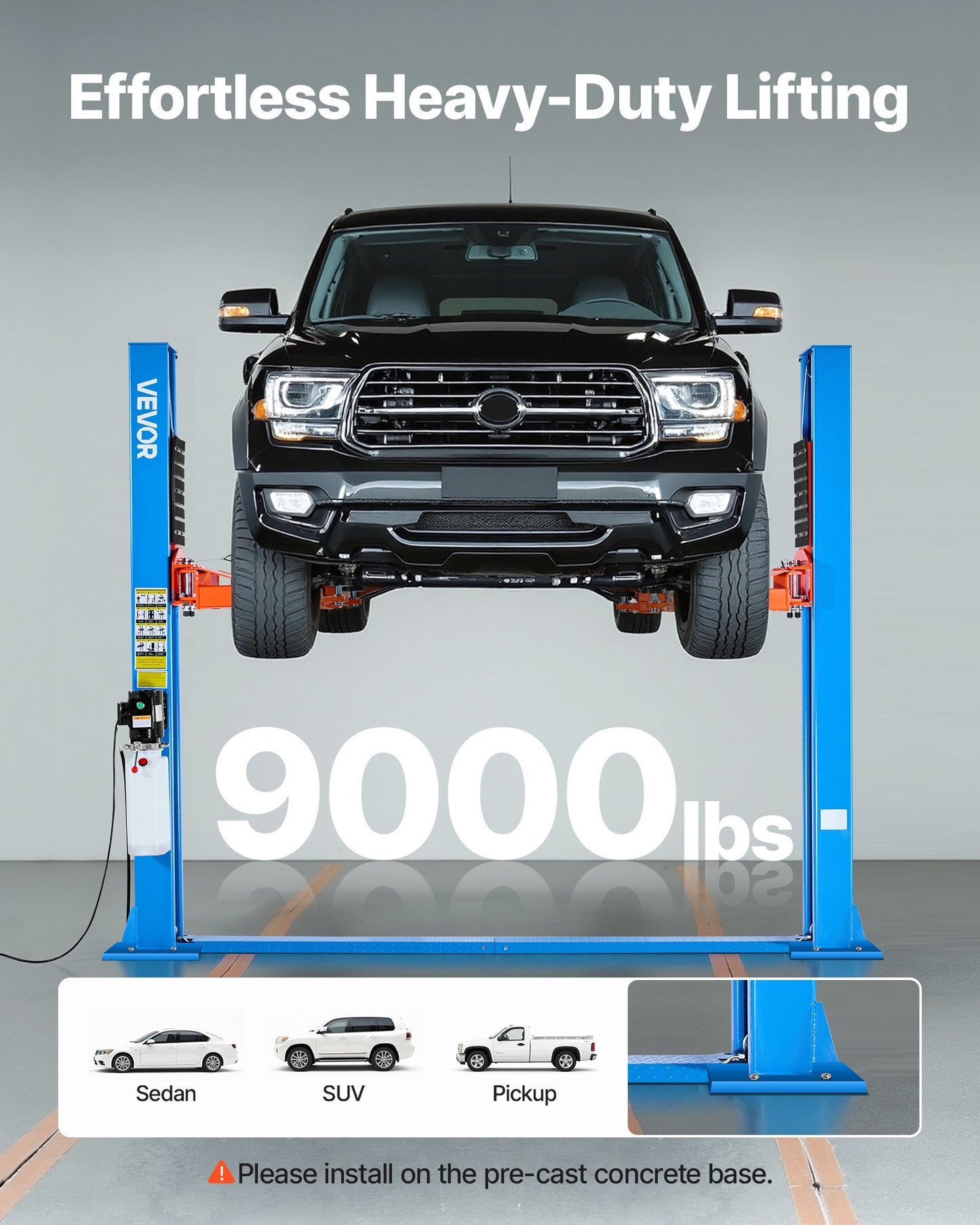 American Smart 2 Post Car Lift with 9000 lbs capacity, blue, 74.8-inch height, 220V motor, suitable for sedan, SUV, pickup.