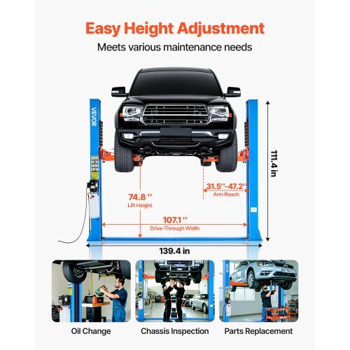 Blue American Smart 2 Post Car Lift with 9000 lbs capacity, 74.8-inch height, 220V motor, suitable for sedan, SUV, or pickup.
