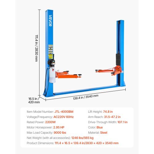 American Smart 2 Post Car Lift, 9000 lbs capacity, blue, 74.8-inch height, for garage and workshop, with powerful 2.95 HP motor