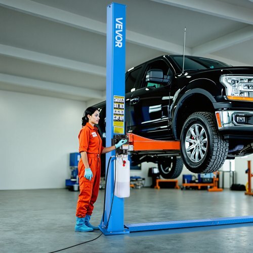 Blue American Smart 2 Post Car Lift with 9000 lbs capacity, 74.8-inch height, 220V power, suitable for sedans, SUVs, and pickups.