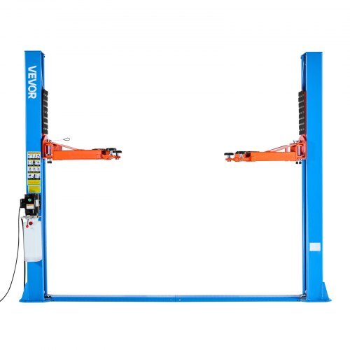 Blue 2-post car lift with 9000 lbs capacity, 74.8-inch height, powerful 2.95 HP motor for SUVs and sedans in a garage setting.