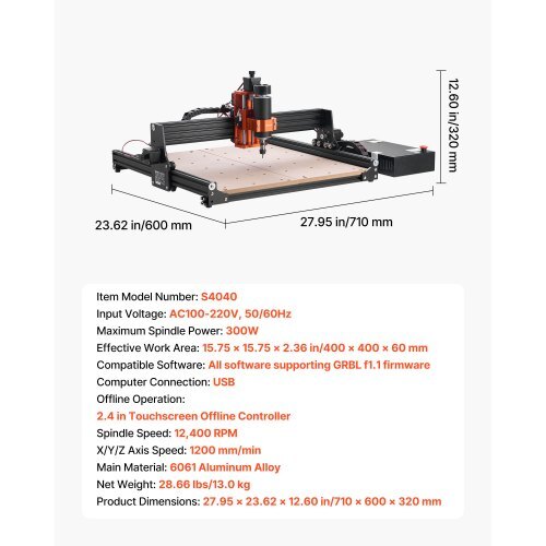CNC Router Machine, 300W Spindle, 3-Axis Wood Engraving Milling Machine, with 15.75 x 15.75 x 2.36 in Working Area, Offline Controller, Aluminum Alloy Structure, for Wood Acrylic Carving Cutting
