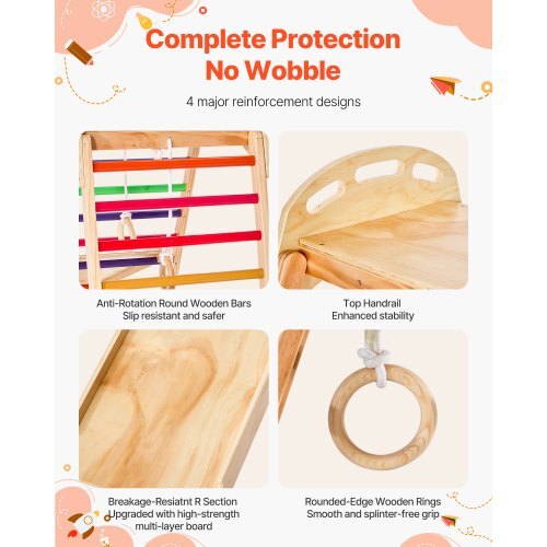 Indoor Playground Jungle Gym, 4-in-1 Wooden Indoor Playground Playset with Climbing Rock, Slide, Wooden Ladder & Gym Rings, Montessori Style Playground Climbing Toys for Boys Girls, 220LBS