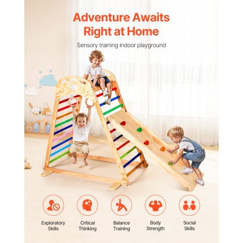 Indoor Playground Jungle Gym, 4-in-1 Wooden Indoor Playground Playset with Climbing Rock, Slide, Wooden Ladder & Gym Rings, Montessori Style Playground Climbing Toys for Boys Girls, 220LBS