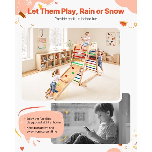Indoor Playground Jungle Gym, 4-in-1 Wooden Indoor Playground Playset with Climbing Rock, Slide, Wooden Ladder & Gym Rings, Montessori Style Playground Climbing Toys for Boys Girls, 220LBS