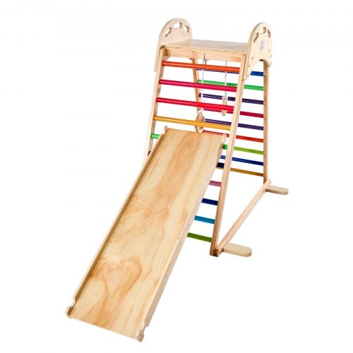 Indoor Playground Jungle Gym, 4-in-1 Wooden Indoor Playground Playset with Climbing Rock, Slide, Wooden Ladder & Gym Rings, Montessori Style Playground Climbing Toys for Boys Girls, 220LBS