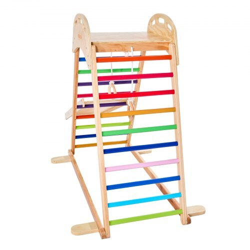 Indoor Playground Jungle Gym, 4-in-1 Wooden Indoor Playground Playset with Climbing Rock, Slide, Wooden Ladder & Gym Rings, Montessori Style Playground Climbing Toys for Boys Girls, 220LBS