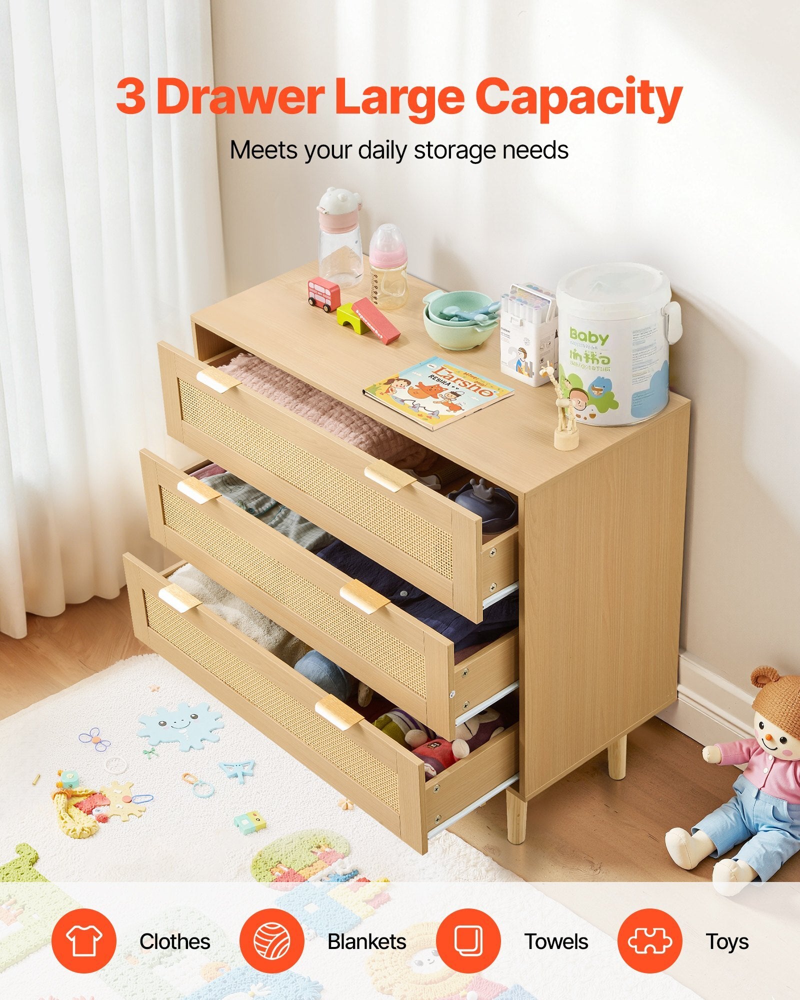 Modern rattan chest of drawers by American Smart featuring 3 drawers, metal handles, wooden legs, ideal for bedroom or living room storage.