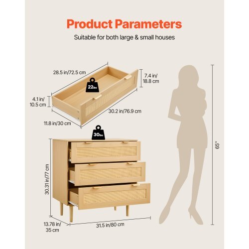 Modern rattan dresser with 3 drawers, metal handles, wooden legs, ideal for bedroom, living room, or hallway storage.